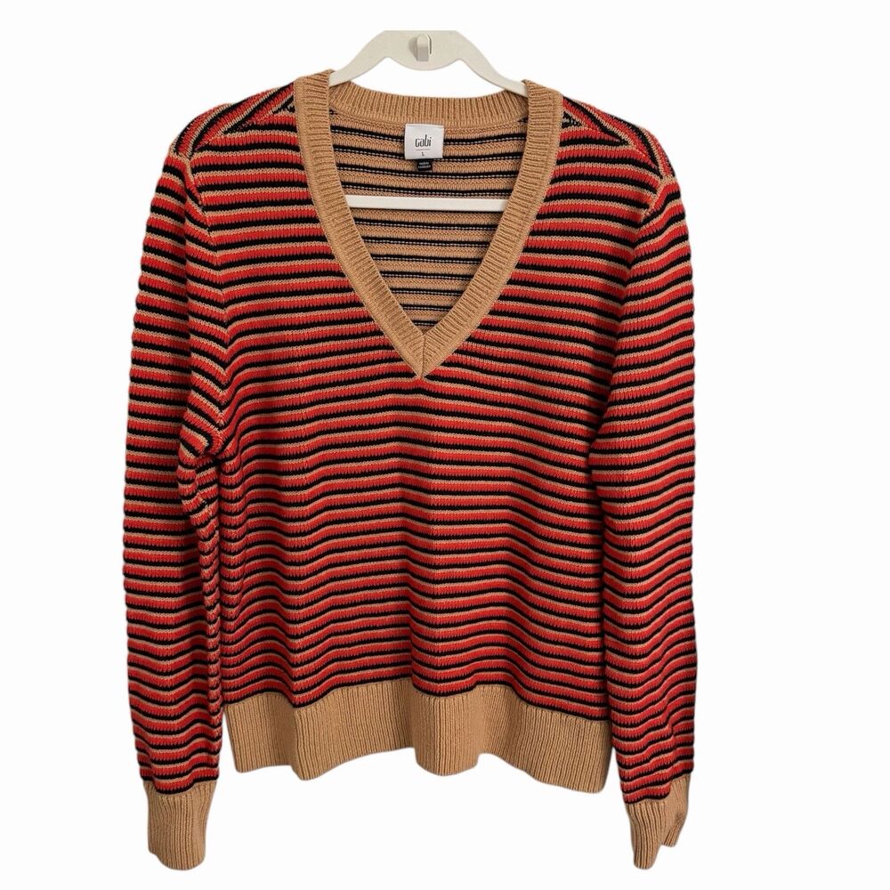 CAbi Jazz Sweater Womens Large Red Tan Striped Knit Pullover V-Neck 4784